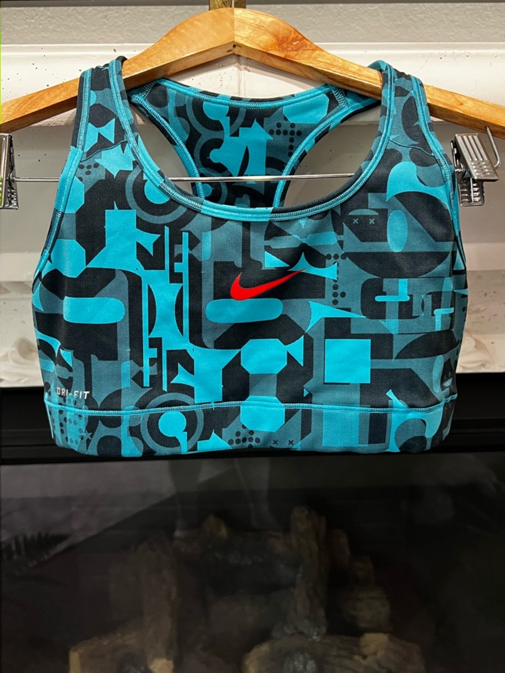 Nike Teal & Black Geometric Dri-FIT Sports Bra with Red Swoosh